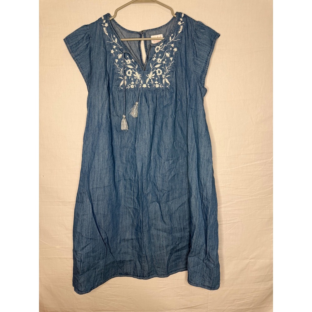 Isabel Maternity Blue Denim Embroidered Tassel V-Neck Shift Dress Medium